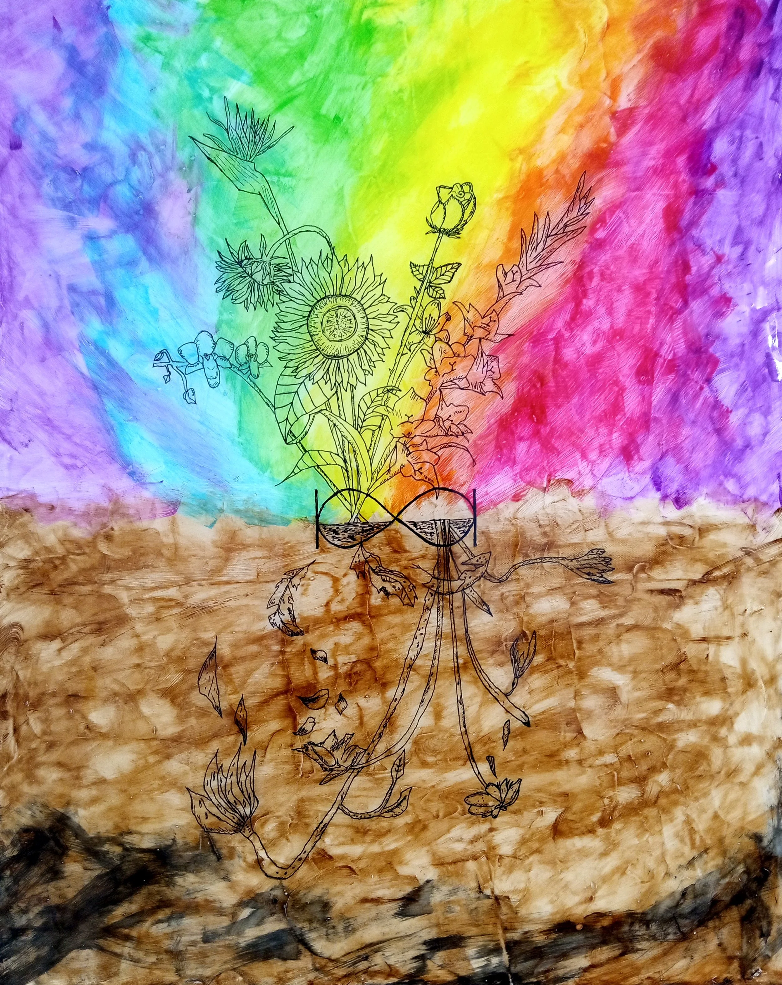 A line drawing of a sunflower, other flowers, and leaves over a colorful watercolor background.