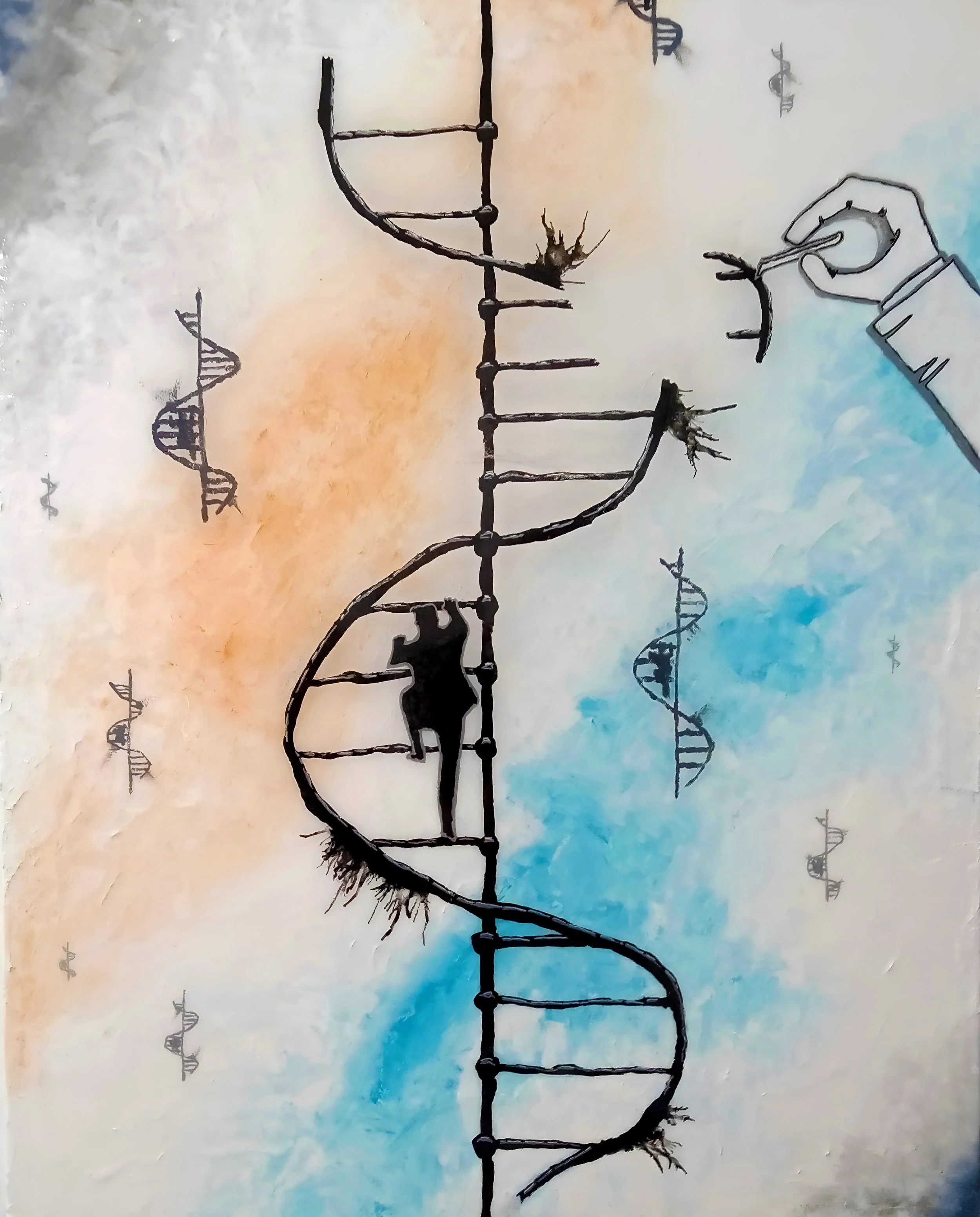 Artistic depiction of a DNA double helix with a human hand touching it, set against a background with light orange, blue, and white colors, with smaller DNA helix outlines in the background.