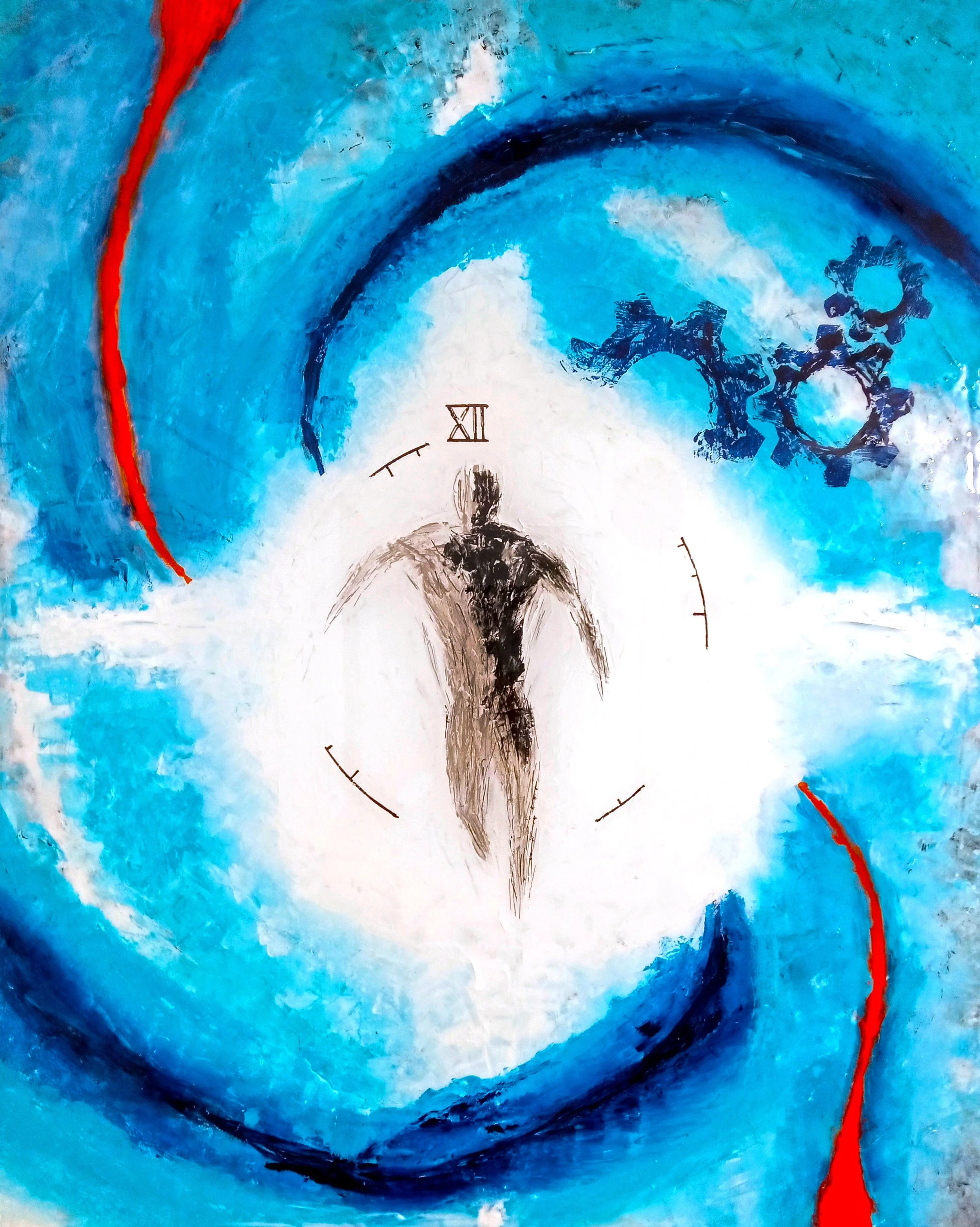 Abstract painting featuring a humanoid figure with wings, surrounded by gears, shapes, and blue hues with red accents.