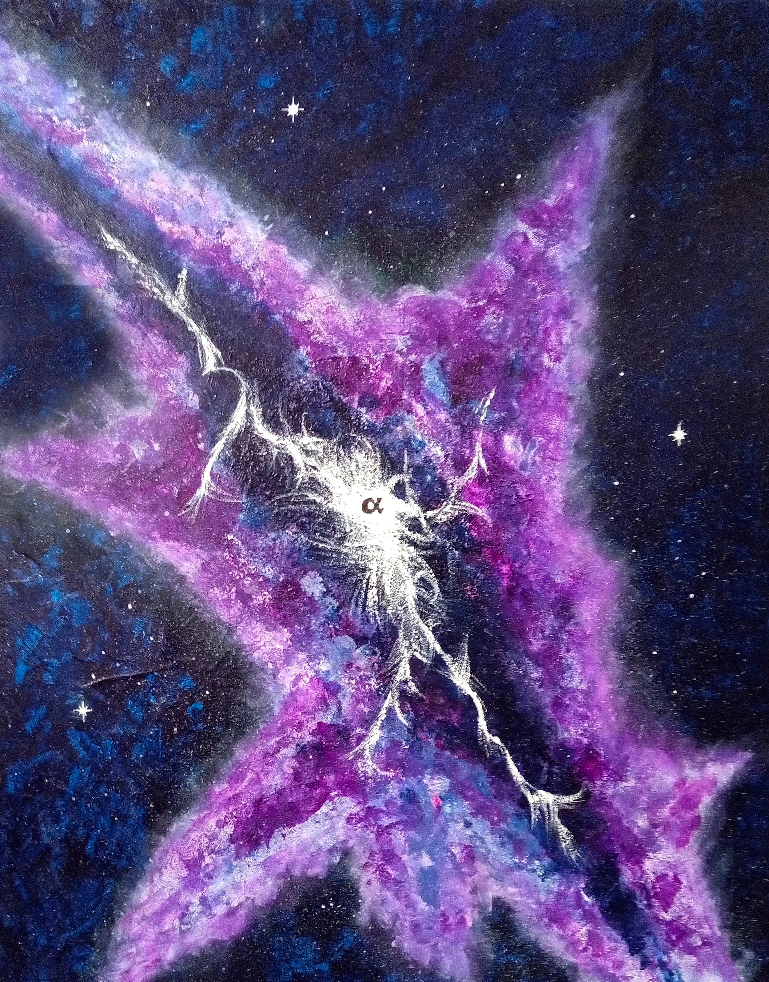 An abstract cosmic painting depicting a white lightning bolt-like creature with antlers amid purple and blue nebula clouds in outer space, with stars scattered across the background.