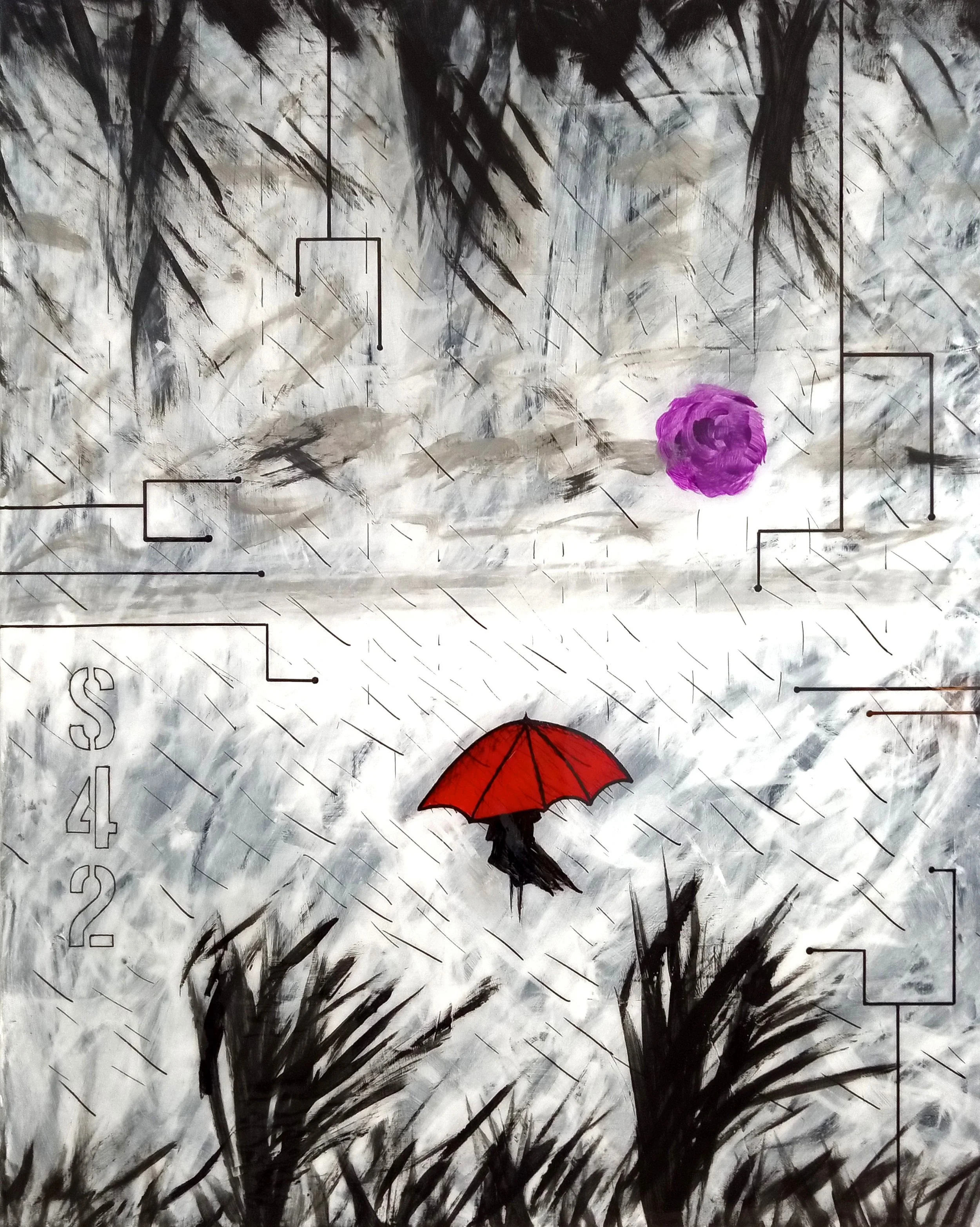 An abstract painting depicting a rainy scene with black and white brushstrokes, a person holding a red umbrella, a purple flower in the background, and circuit-like lines overlaid on the image.