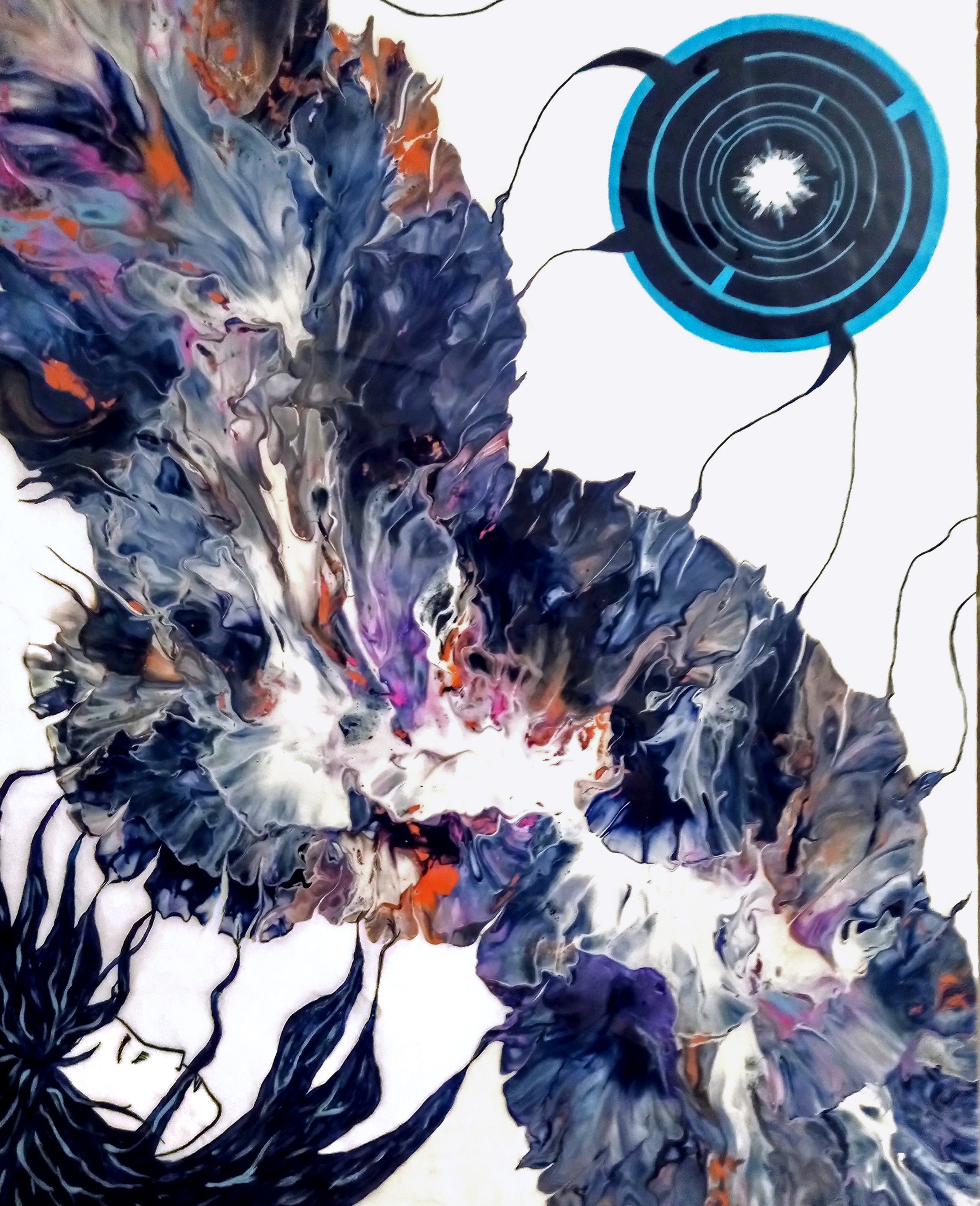 Abstract painting of flowers with dark purple, white, and orange colors, featuring a blue and black circular object in the top right corner connected by thin black lines.