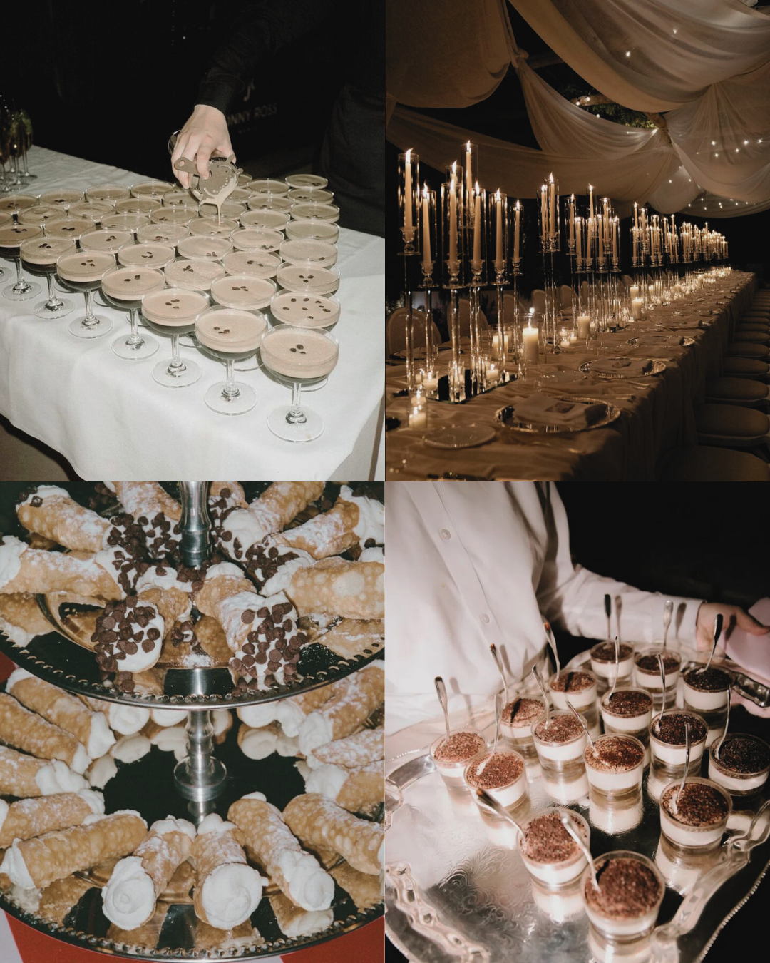A collage of four photos showing a formal event with desserts and elegant decor. The top left shows a server pouring cream or sauce into a row of glasses, top right features a long table with candles and draped fabric. The bottom left displays a tiered tray of cannoli and other pastries, and the bottom right has a person serving layered dessert cups topped with cocoa powder.
