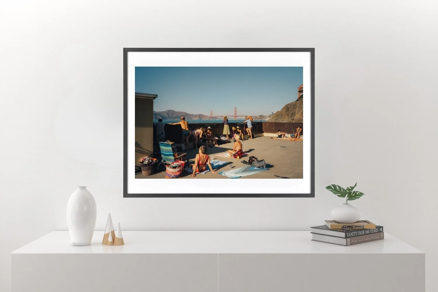 wall display People and the view at Golden Gate bridge