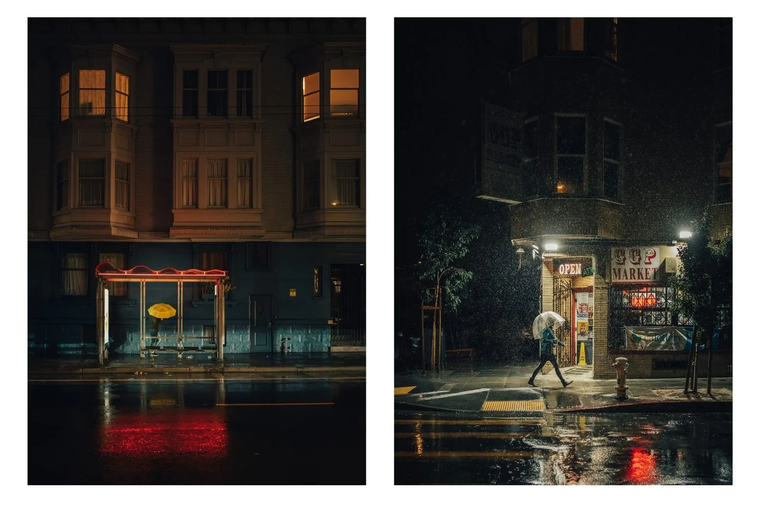 Two photos. One a yellow umbrella in netween bus stop stalls, running, a house in the background. Night photo. The second photo, raining night, person with a transparent umbrella walking in front of a grocery store. 