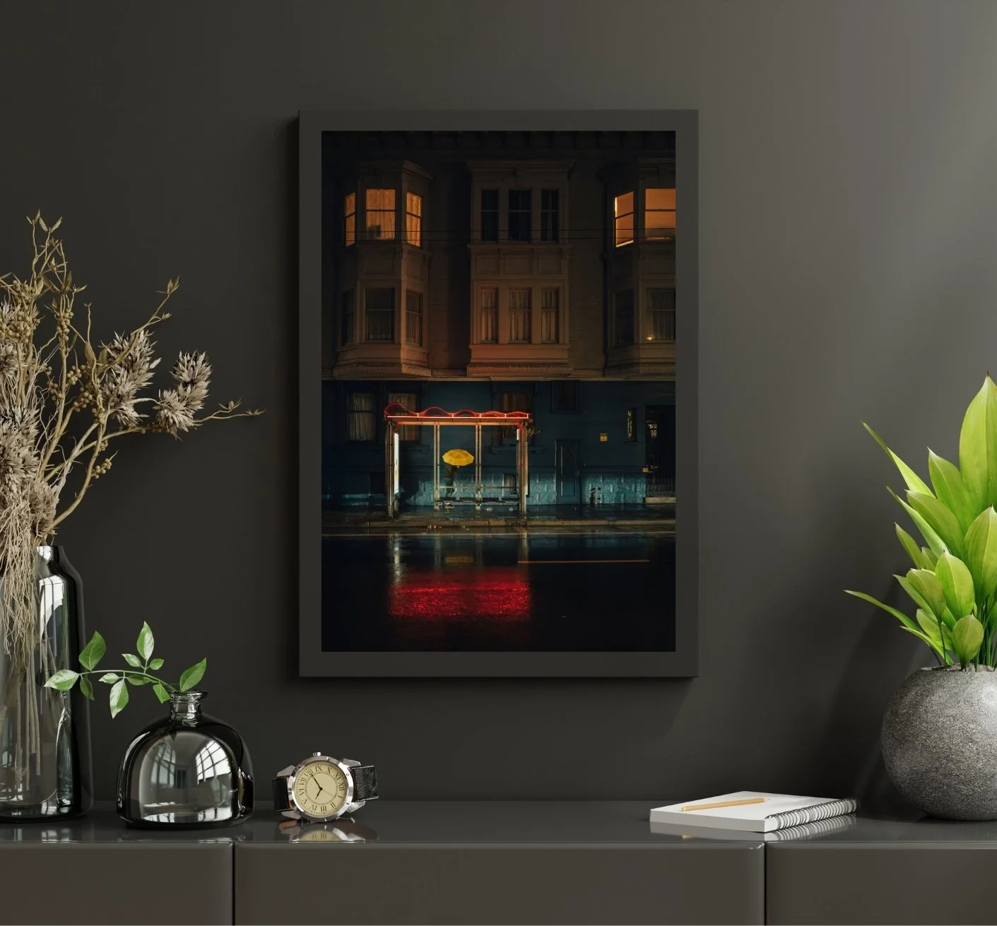 Person running with a yellow umbrella past a red lit bus stop during rain in San Francisco.