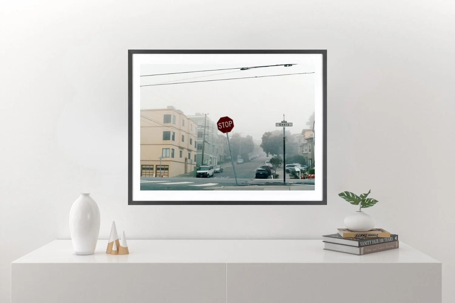 Wall display stop sign and houses