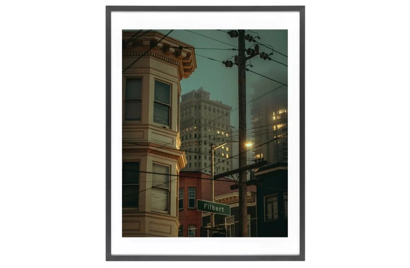 Russian Hill Filbert Street Foggy Night Houses Wires Print