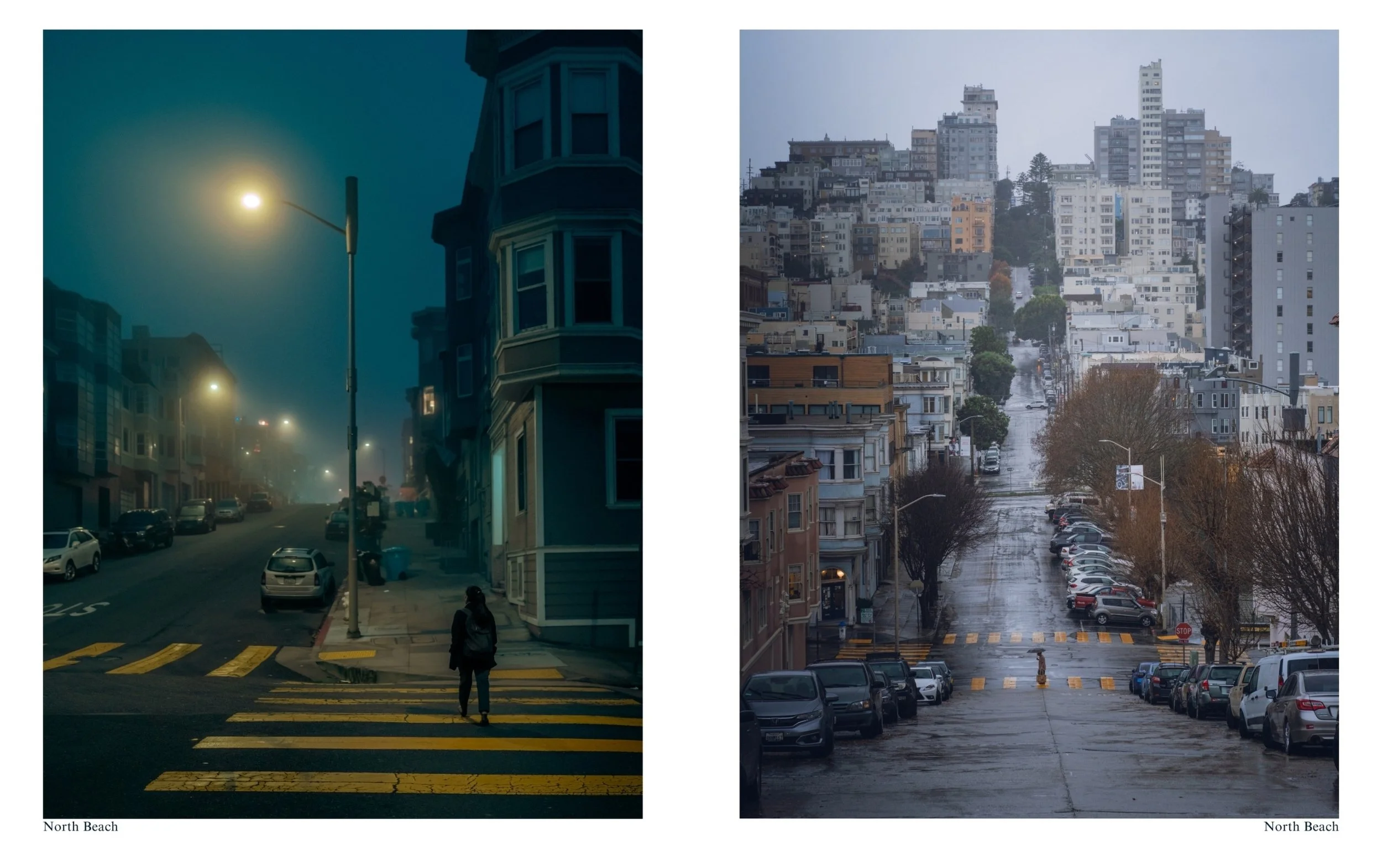 Two pages of the book. One page, a photo of a street in North Beach, night, fog, street lamps. The second photo of the hilly street, rain, man with an umbrella.  in San