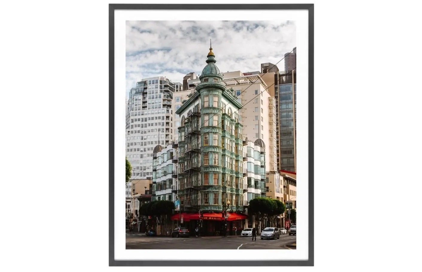 Print of the green Sentinel Building on Columbus Avenue and Kearny Street in San Francisco