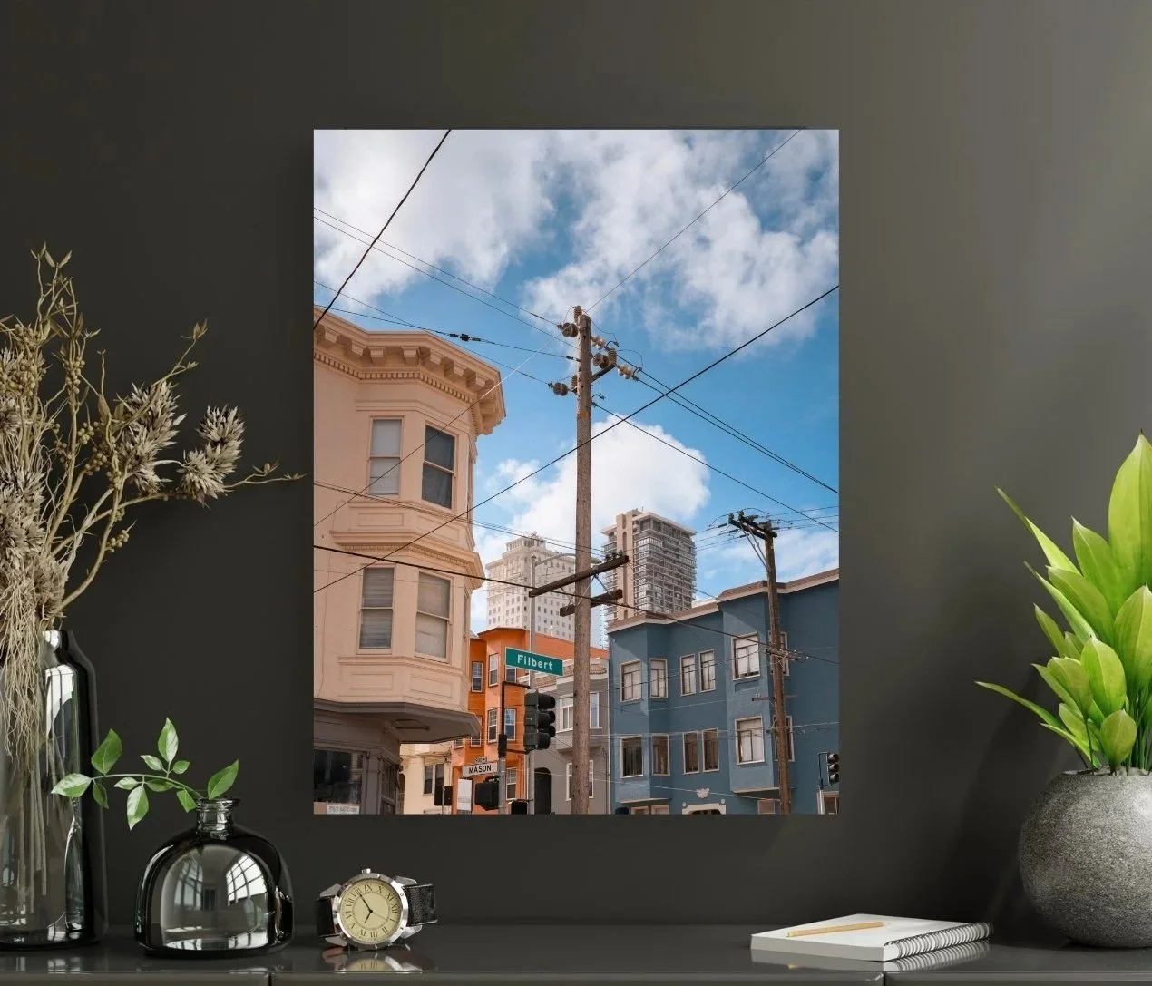 Filbert Street Russian Hill Photo Print – Colorful Houses, Cables, and Steep City View