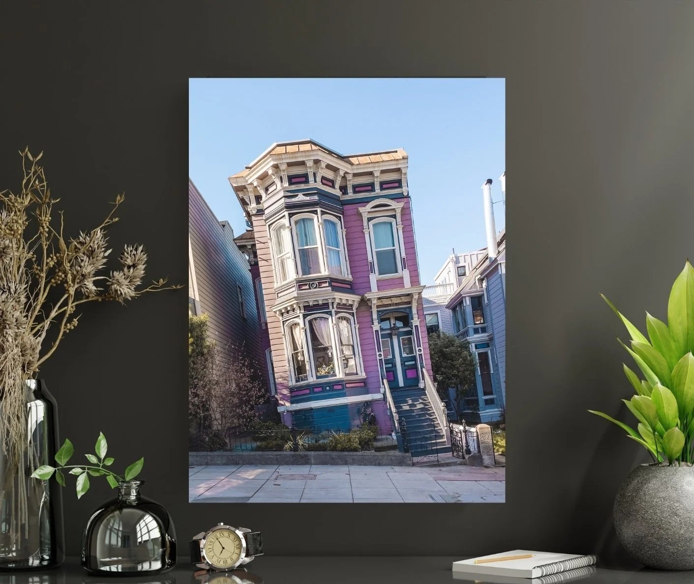 Display purple house leaning on a street