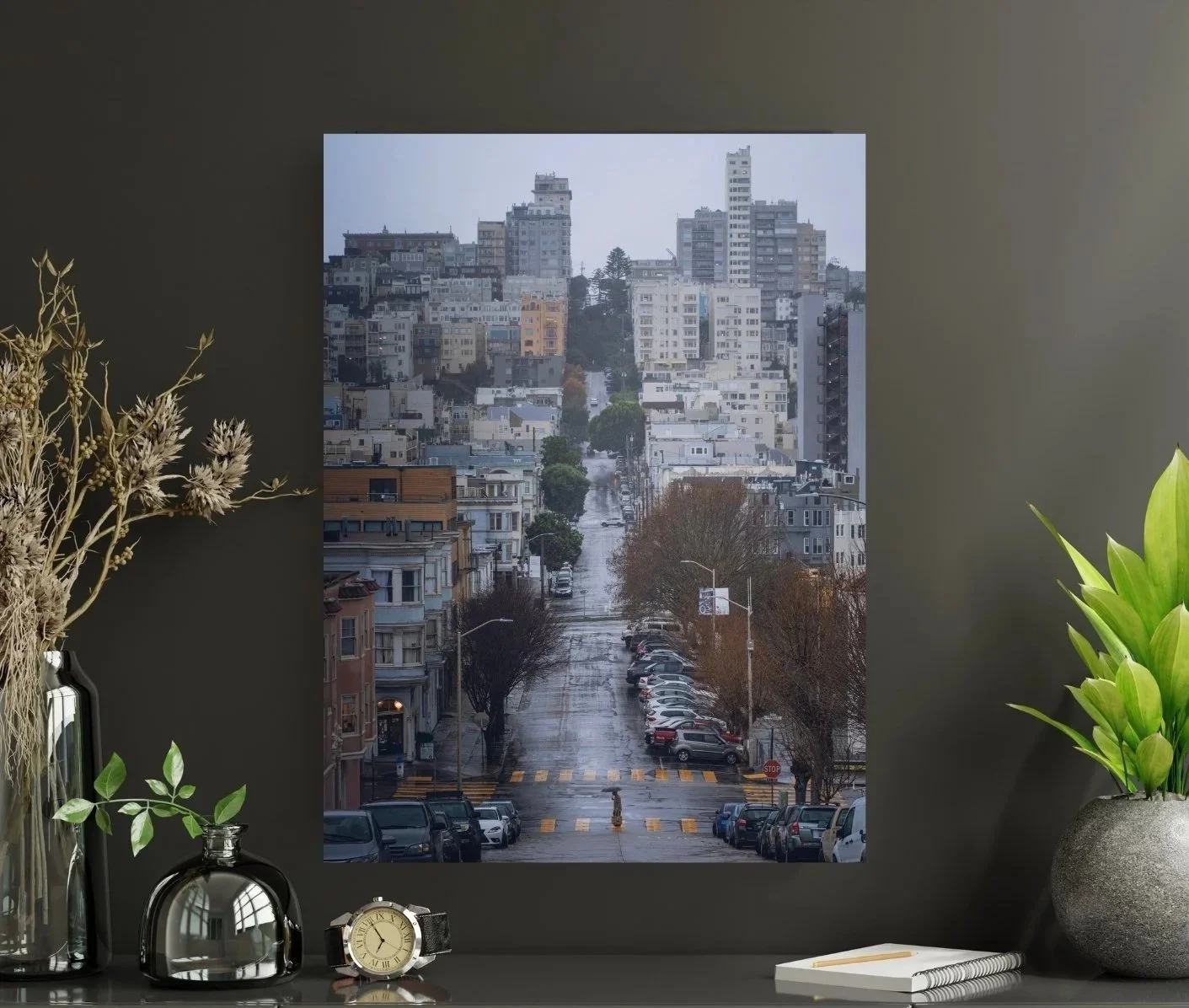 Hills and a man with an umbrella walking