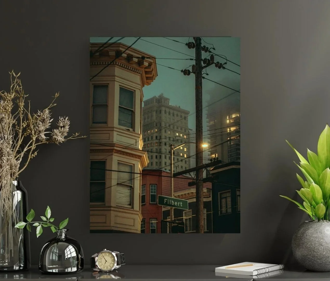 Russian Hill Filbert Street Foggy Night Houses Wires Print
