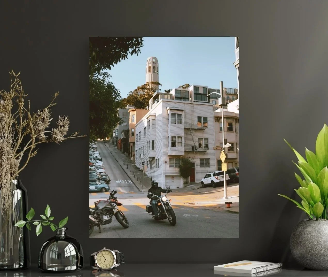 Wall display North Beach photo, a motorcycle riding, Coit Tower in the background