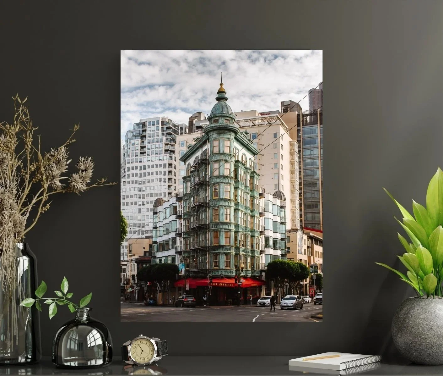 Print of the green Sentinel Building on Columbus Avenue and Kearny Street in San Francisco