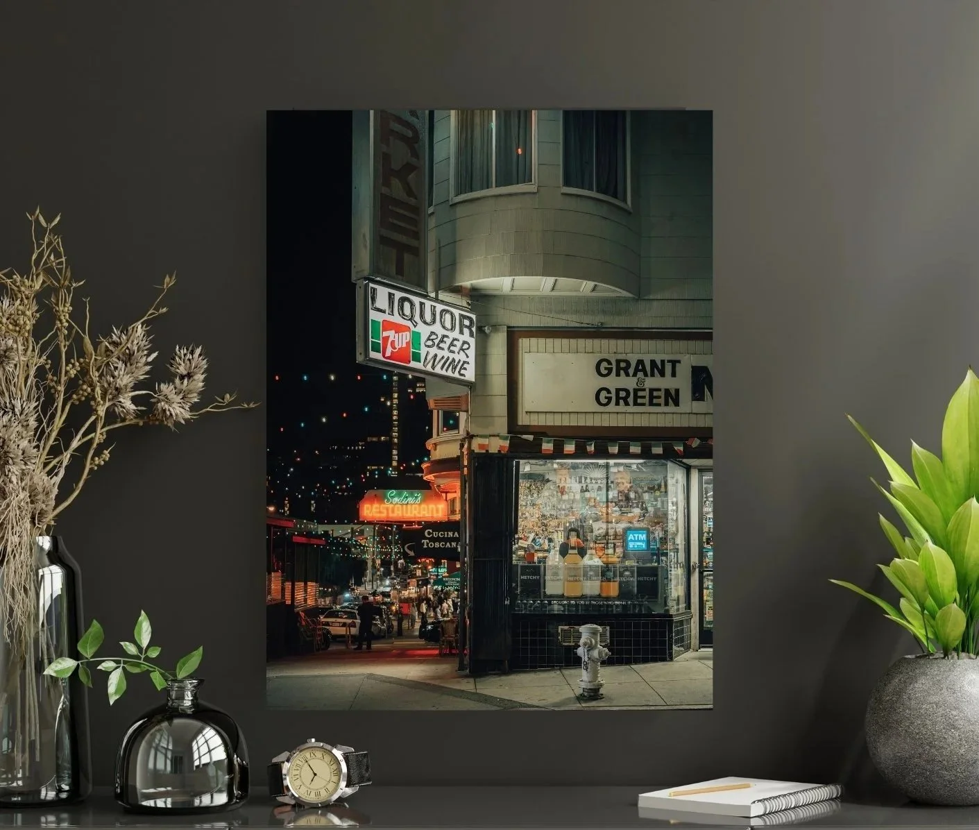 wall display Grocery store corner at night