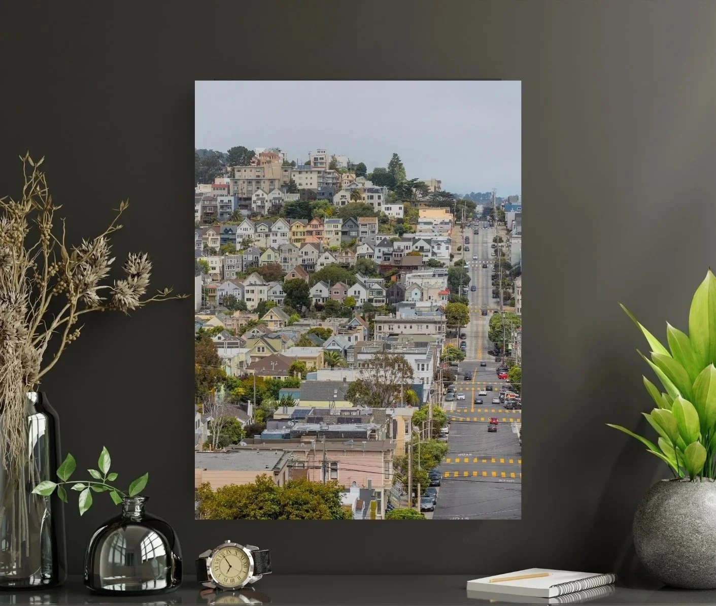 Noe Valley hills with stacked houses rising upward, photographed from Castro Street in San Francisco