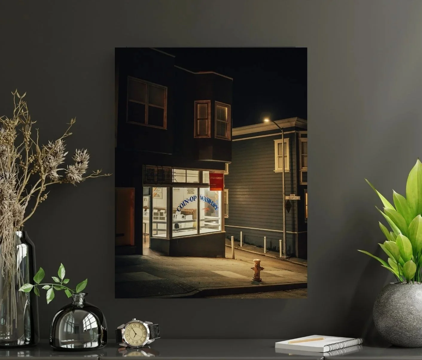 Night photo print of a lit laundromat in North Beach, San Francisco, glowing under a street lamp.