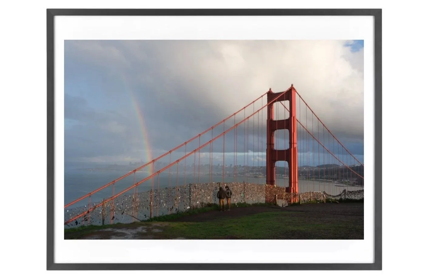 Golden Gate Bridge Print with Rainbow and People from Battery Spencer. San Francisco Photo Wall Art