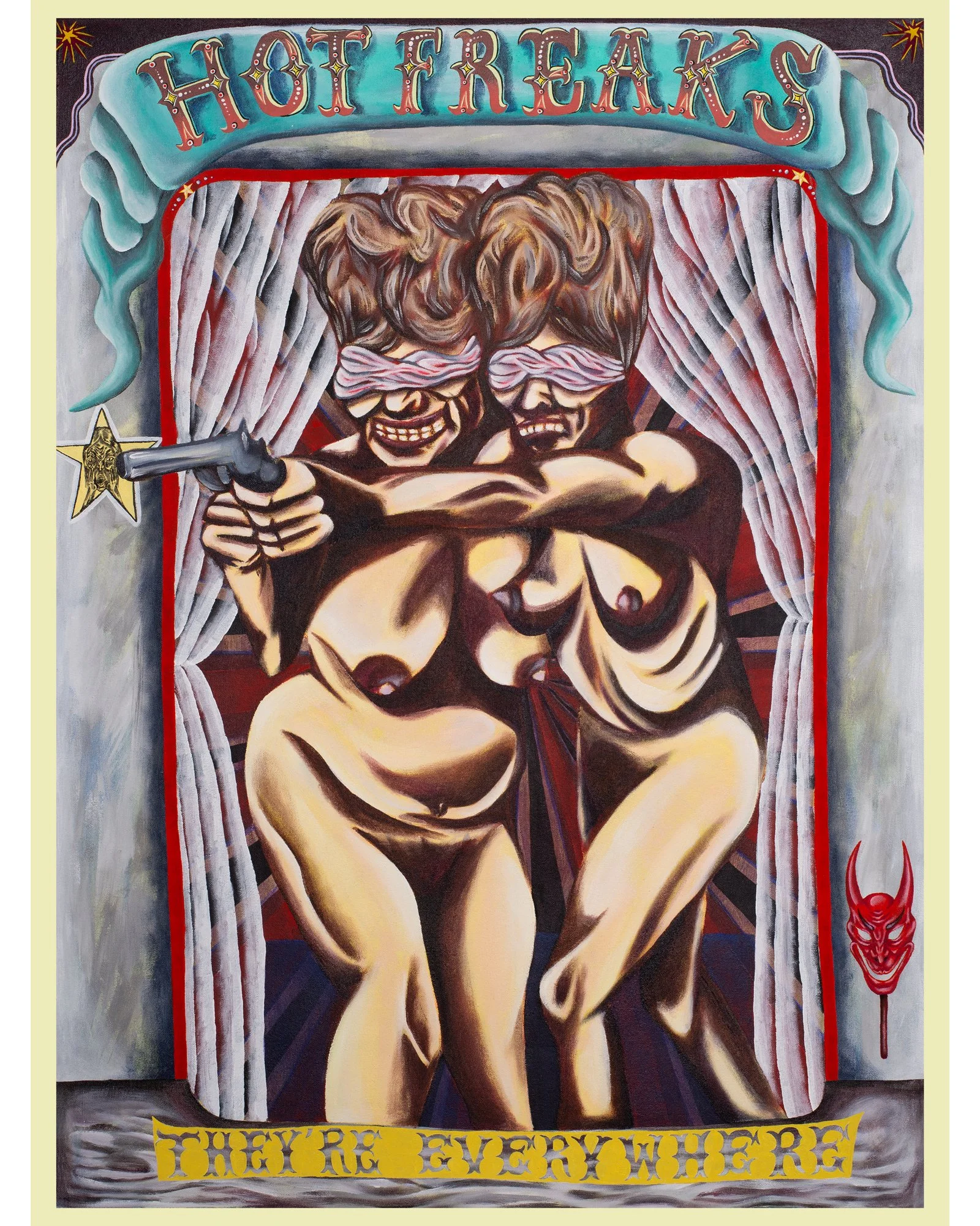 "HOT FREAKS, They're everywhere" 2024.
 27.5 x 37" Acrylic on canvas 