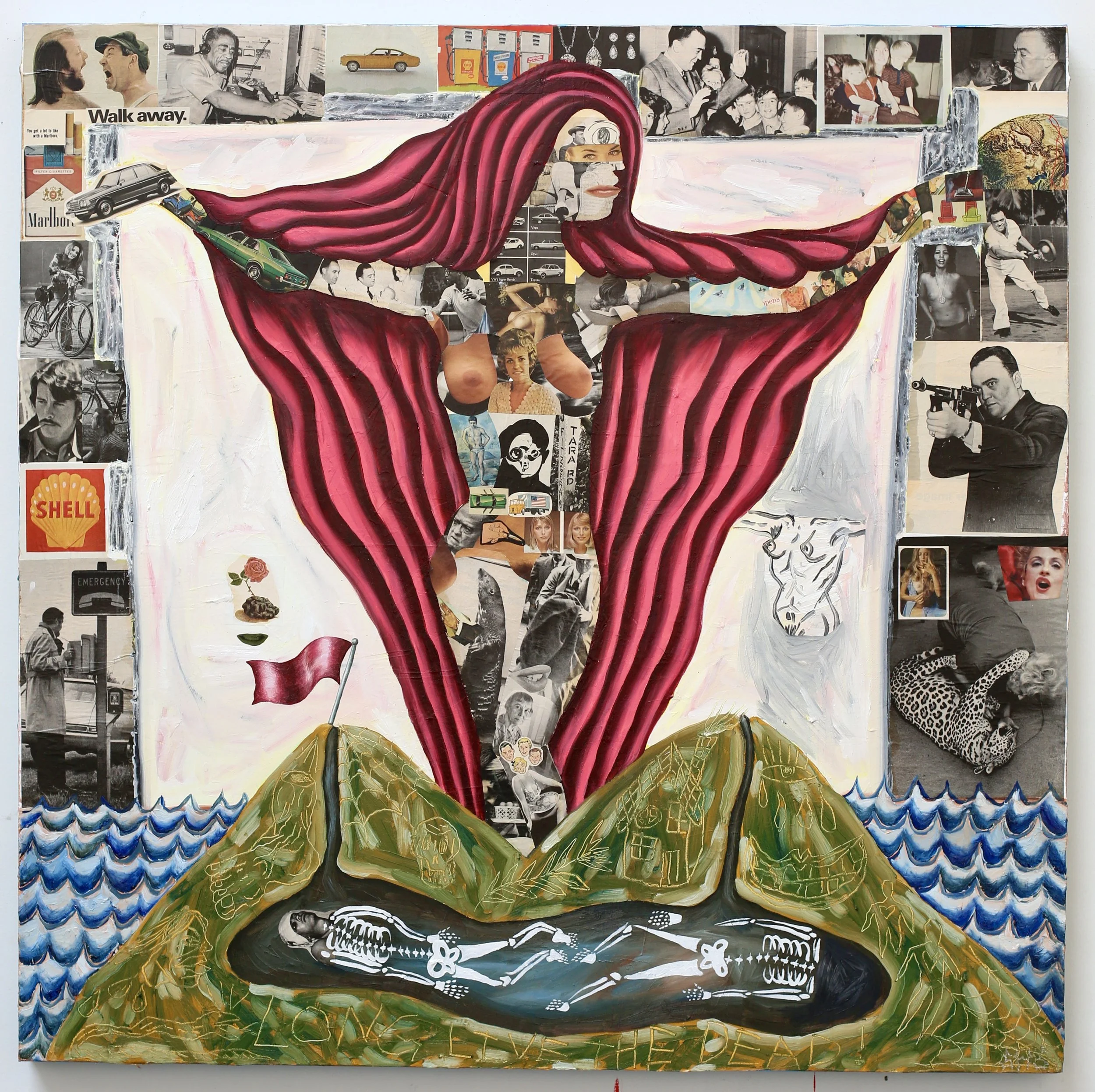 "LONG LIVE THE DEAD" 2022. 30 x 40" Oil paint and collage on paper 