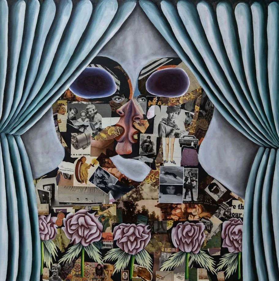 "Here for undisclosed amount of time" 2022. 36 x 36"  Oil paint and collage on canvas 