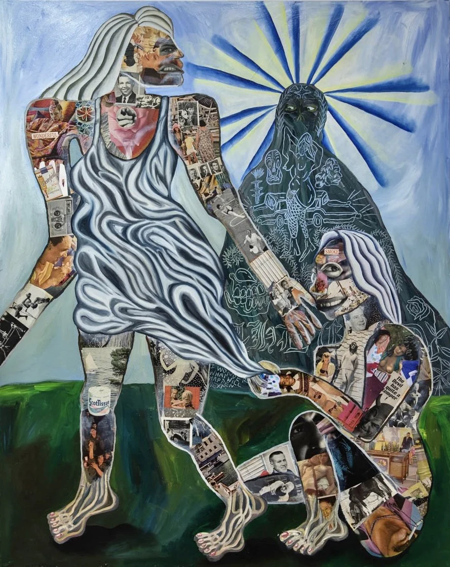"I wonder what will happen next" 2022. 48 x 60" Oil and collage on canvas 