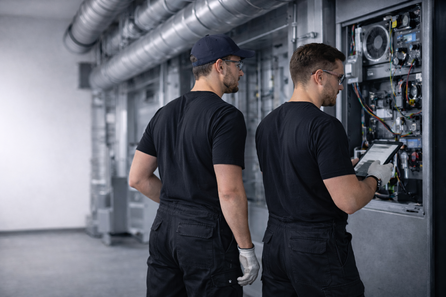 Ilmanvaihtoasiantuntija tarkastavat ja mittaavat järjestelmää ilmää – huolto ja säätötyö käynnissä