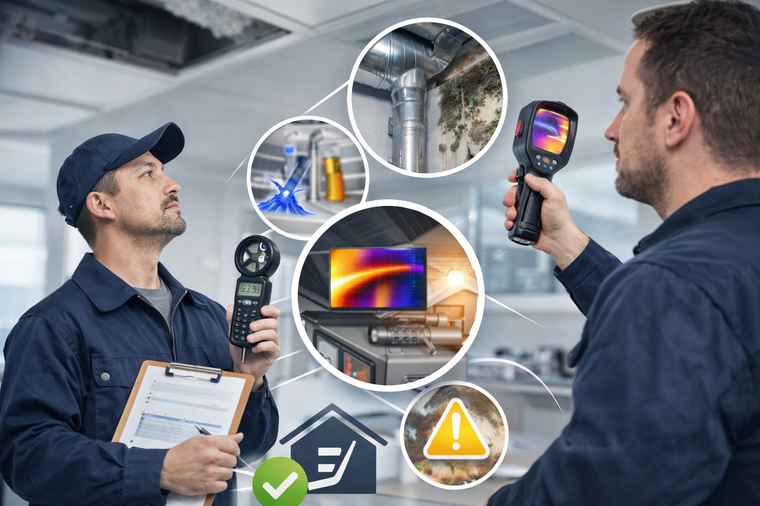 Kaksi teknistä ammattilaista tarkastelee rakennuksen ilmanvaihtojärjestelmää, käyttäen lämpökameroita ja dynaamisia grafiikoita, jotka liittyvät sisäilman laatuun, turvallisuuteen ja järjestelmän kunnossapitoon.