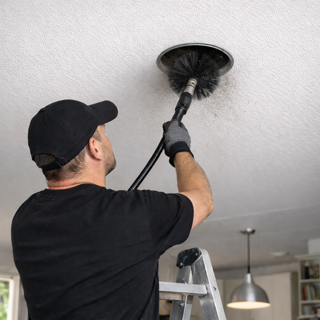 Ilmanvaihtokanavan puhdistus – ammattilainen käyttää puhdistuslaitteistoa portailla