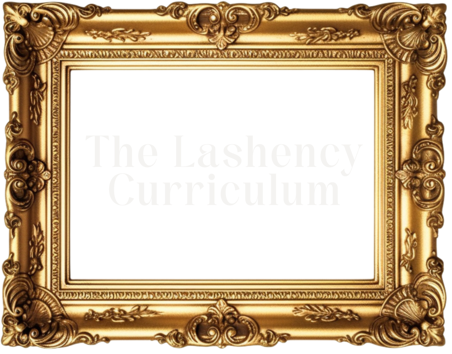 An ornate gold picture frame with a blank light purple paper inside and a partially visible logo or text in the center.