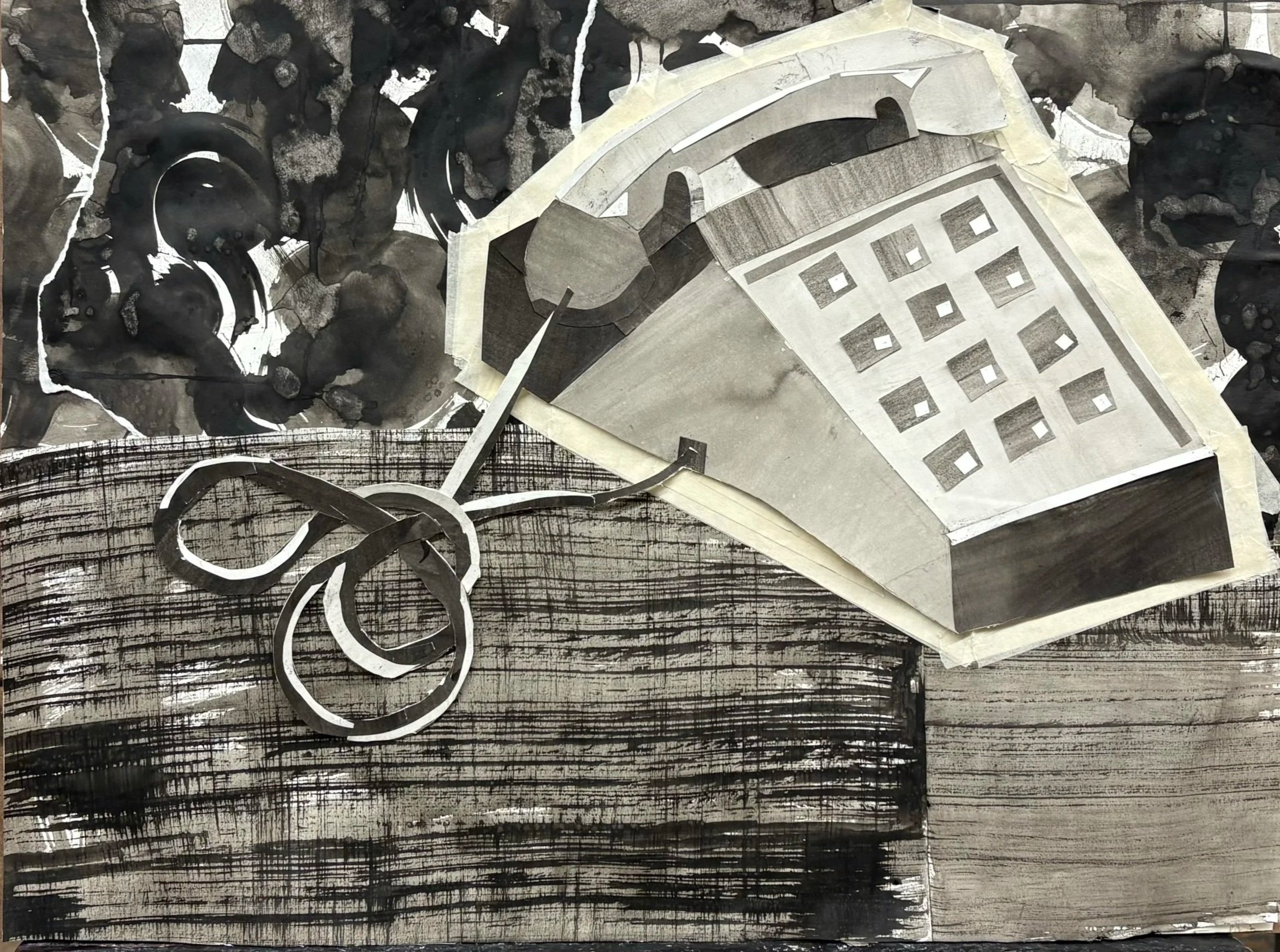 Ink, tape, paper collage 
8x12''
2025