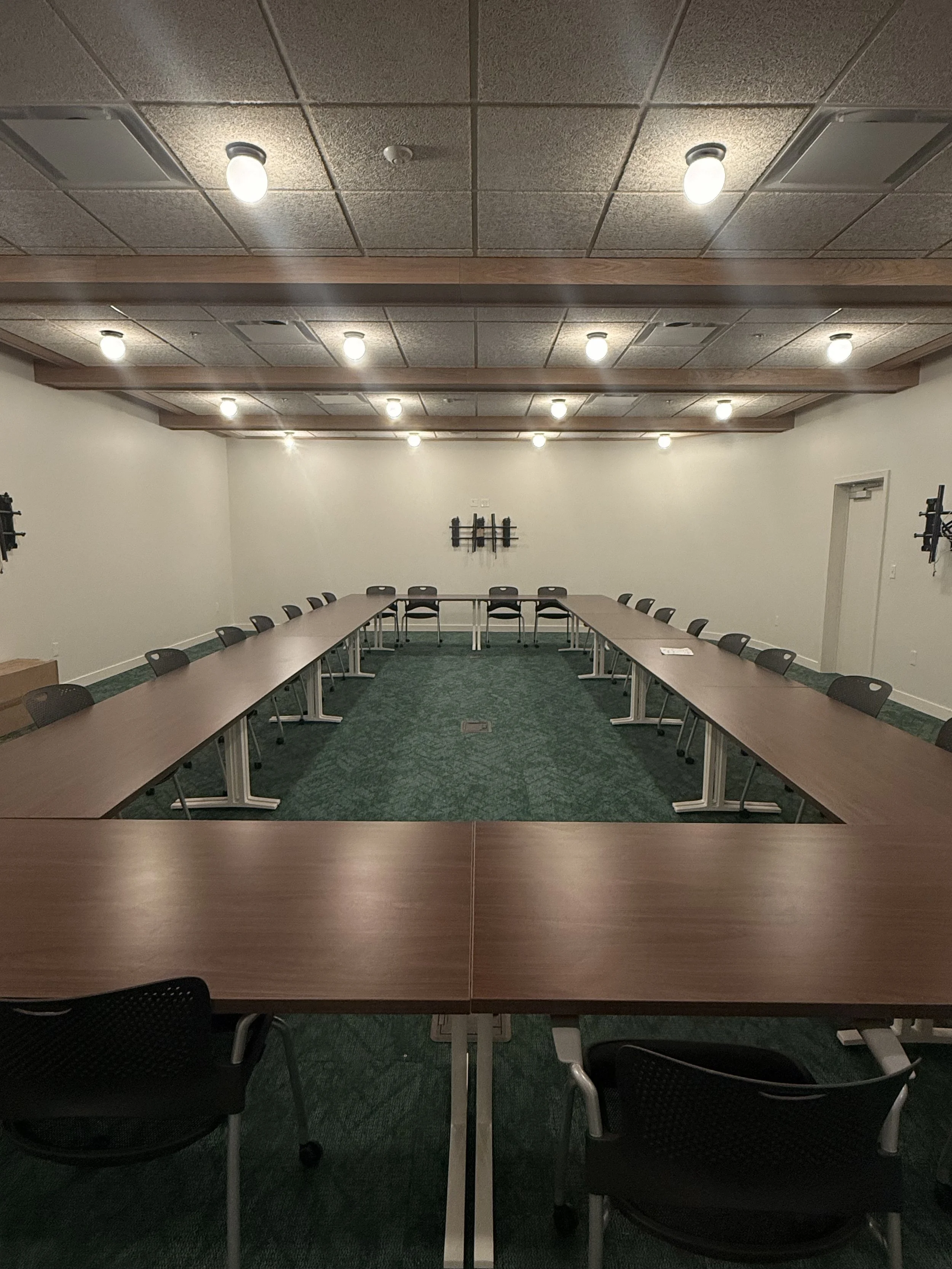 Empty conference room with U-shaped table arrangement, black chairs, white walls, green carpet, ceiling lights, and partial wall-mounted equipment.