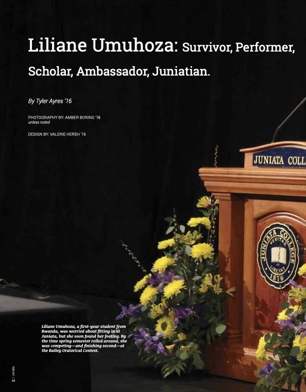 A magazine or newsletter page featuring Liliane Umuhoza, a Survivor, Performer, Scholar, Ambassador, and Juniatian. Feature article news writing reporting creative writing.
