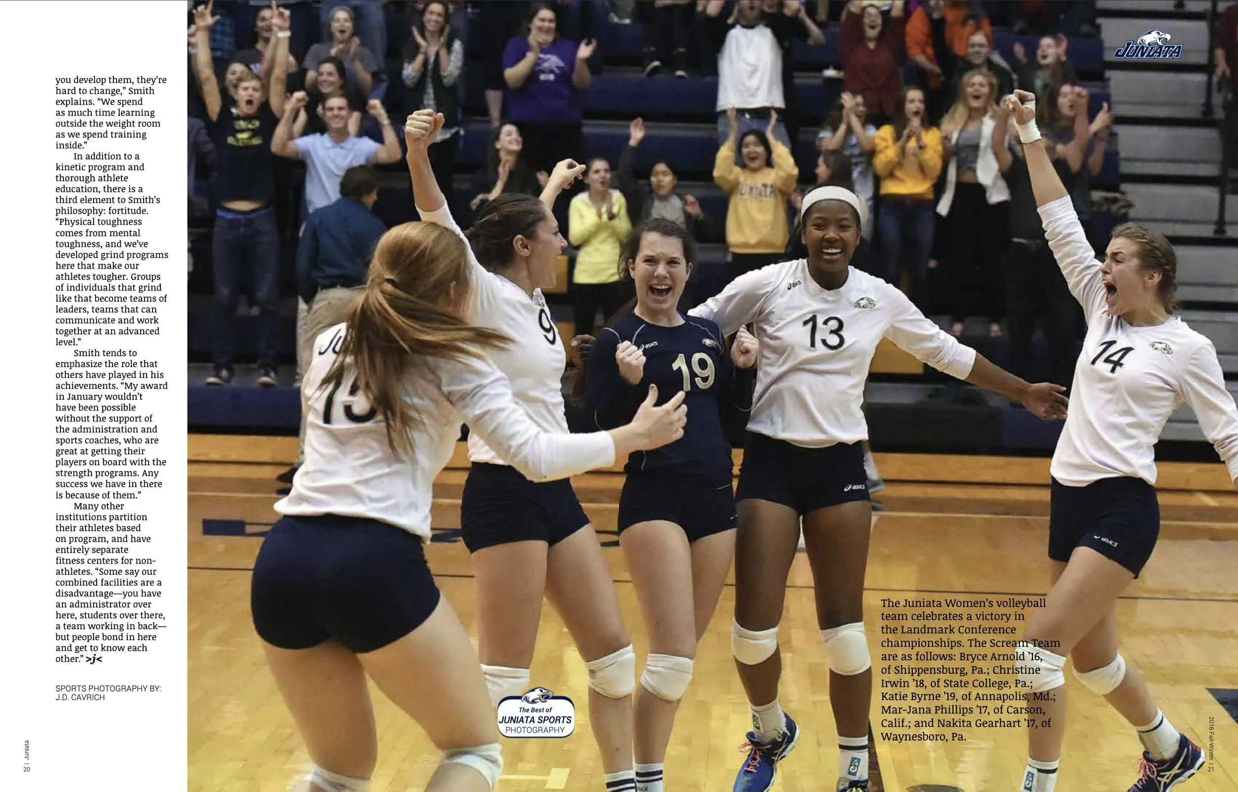 Celebrating female volleyball players on the court with a crowd cheering behind them. Feature article news writing reporting creative writing.