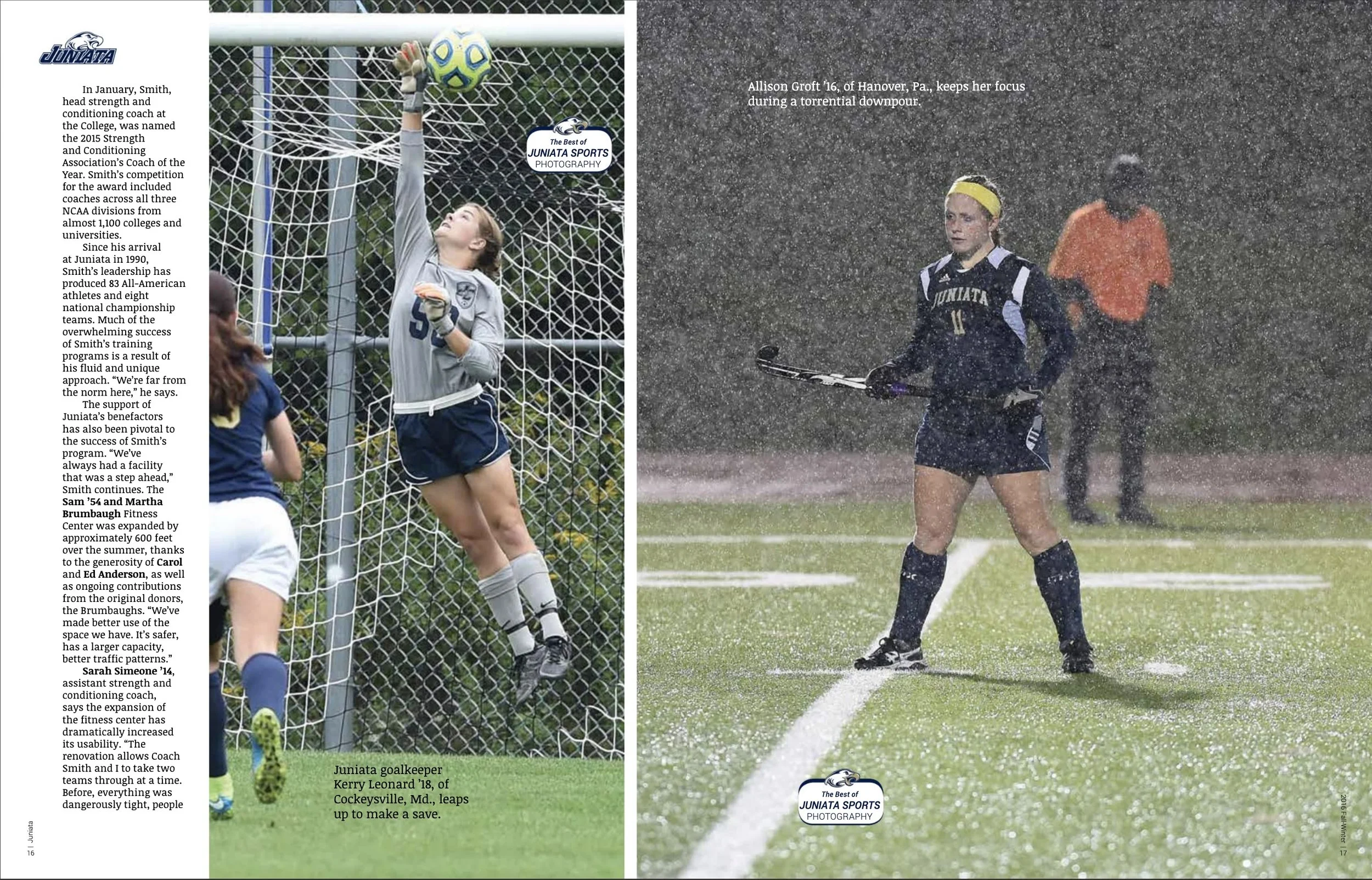 Split image showing a girls' soccer game. On the left, a female goalie in a gray jersey and navy shorts jumps to catch a yellow and blue soccer ball against a chain-link goal. Feature article news writing reporting creative writing.