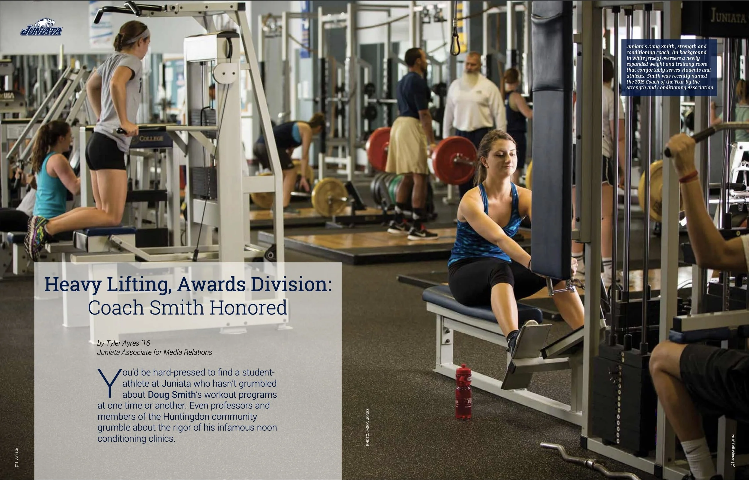Women and men working out with weights and machines in a gym, with a sign honoring Coach Smith recognized for his dedication to strength and conditioning. Feature article news writing reporting creative writing.