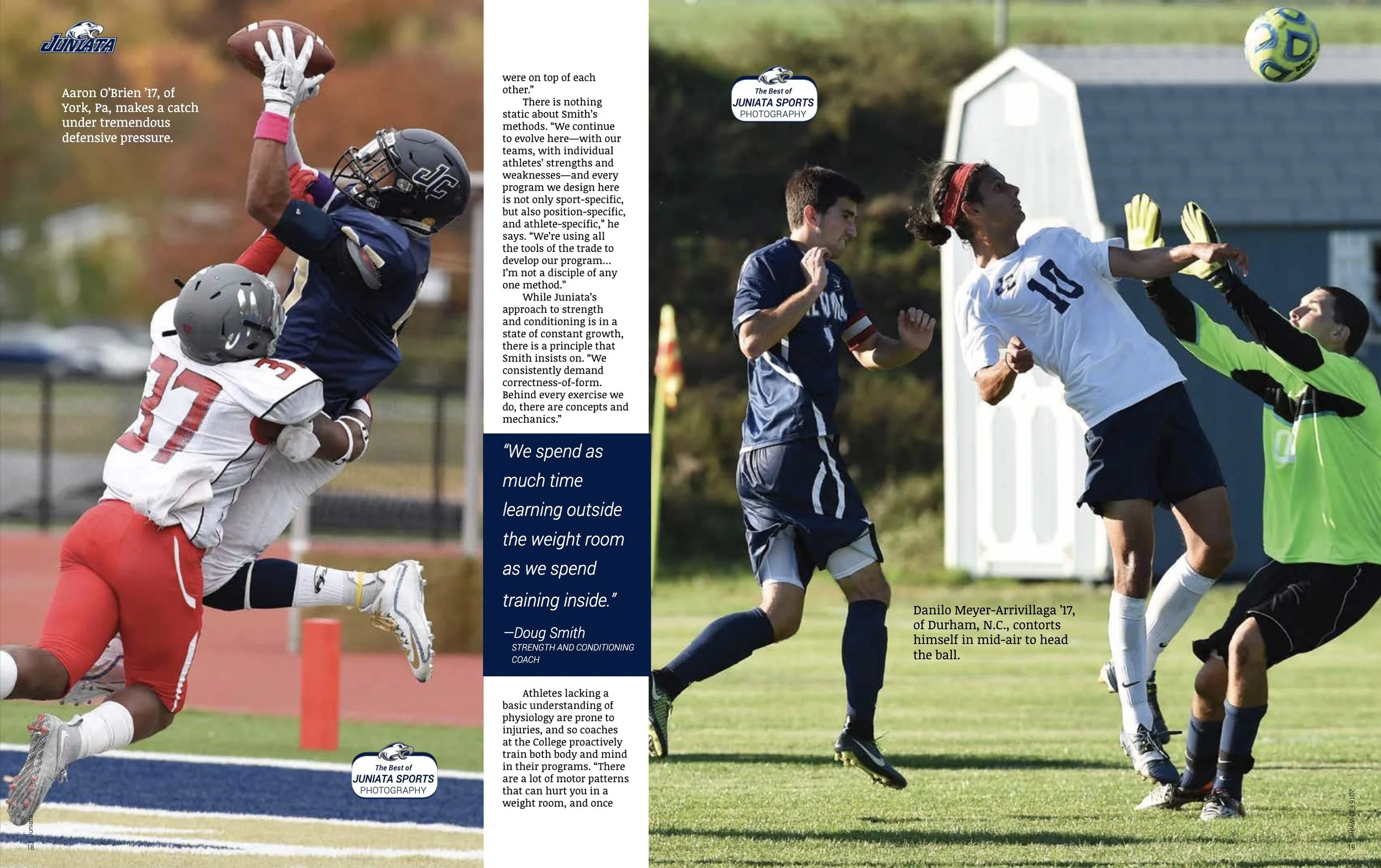 A football game with players tackling and catching the ball on the field, including a player in a blue jersey making a catch with two players from the opposing team attempting to block or tackle. Feature news writing reporting creative writing.