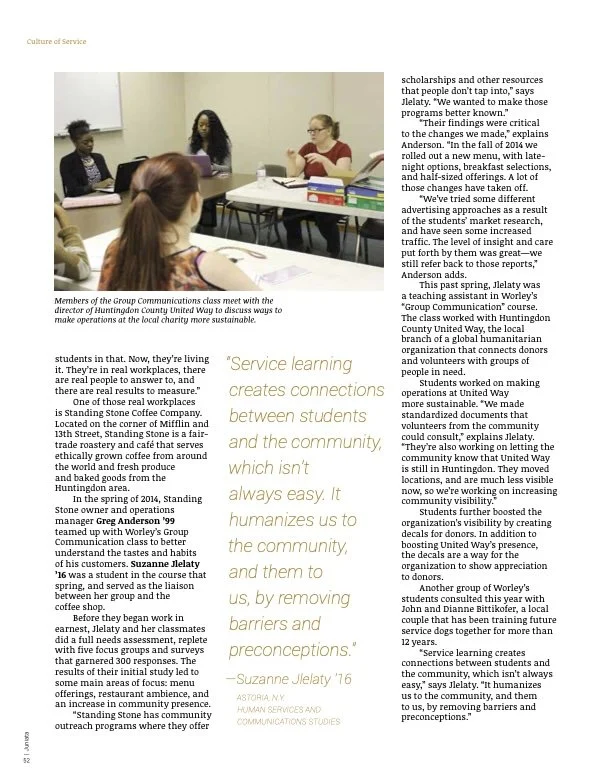 Members of the Group Communications class meeting with Huntington County officials, sitting at a rectangular table in a classroom. Feature article news writing reporting creative writing.