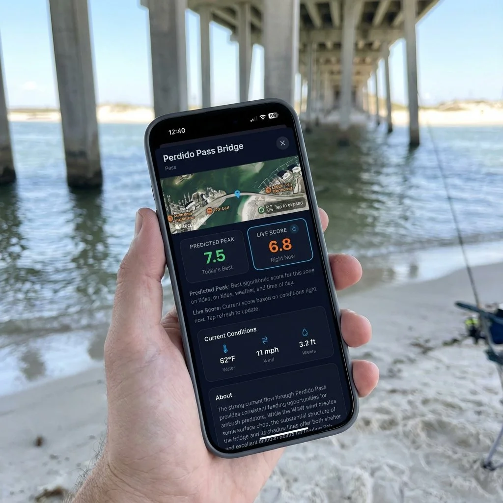 A person holding a smartphone displaying water conditions, under a bridge near the shore, with water, sand, and part of a beach chair visible.