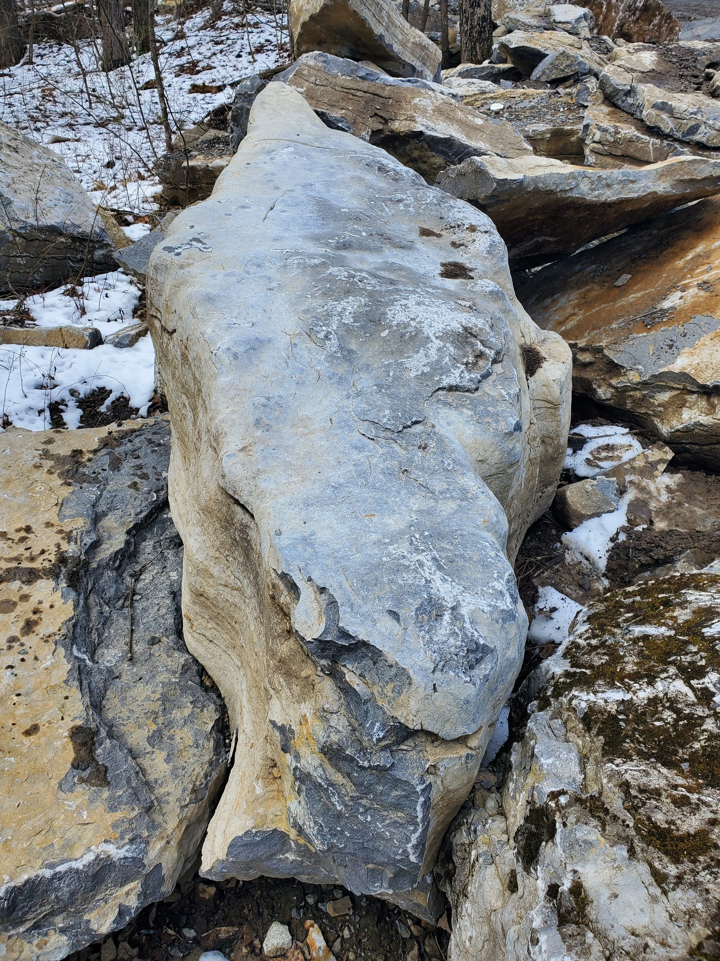 Large rock with a flat top and rough surface surrounded by smaller rocks and patches of snow, in a rocky outdoor area.