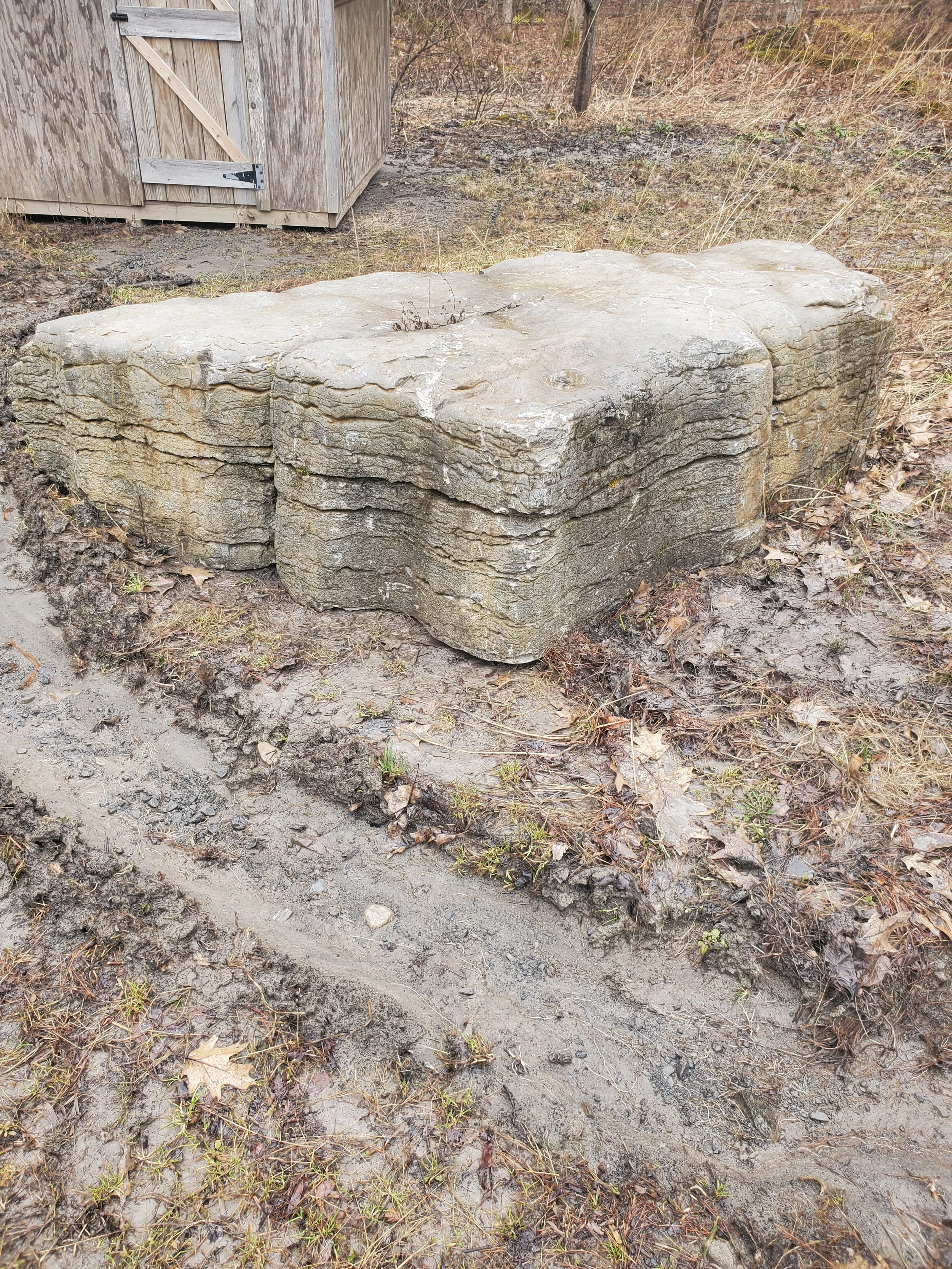 Large weathered stone block on muddy ground with dried grass and a wooden shed in the background.
