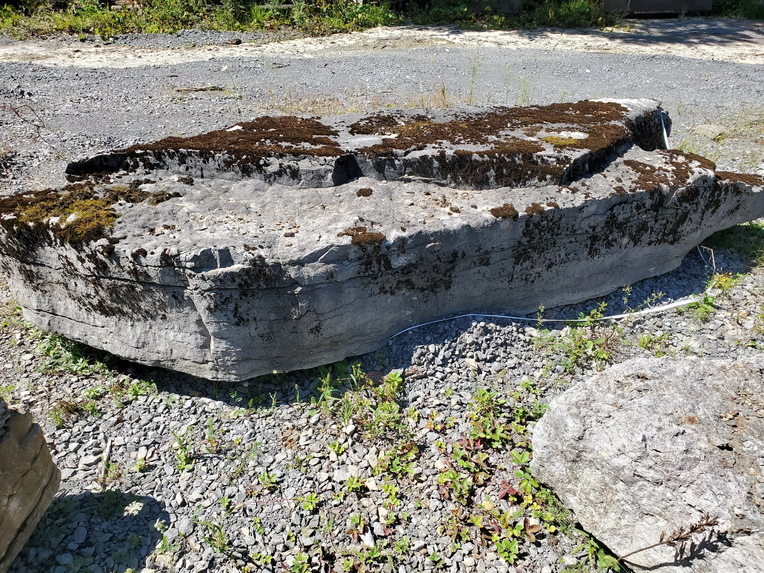 A large, weathered rectangular stone with moss and lichen growing on its surface, situated outdoors on gravelly ground with some greenery and smaller rocks around.