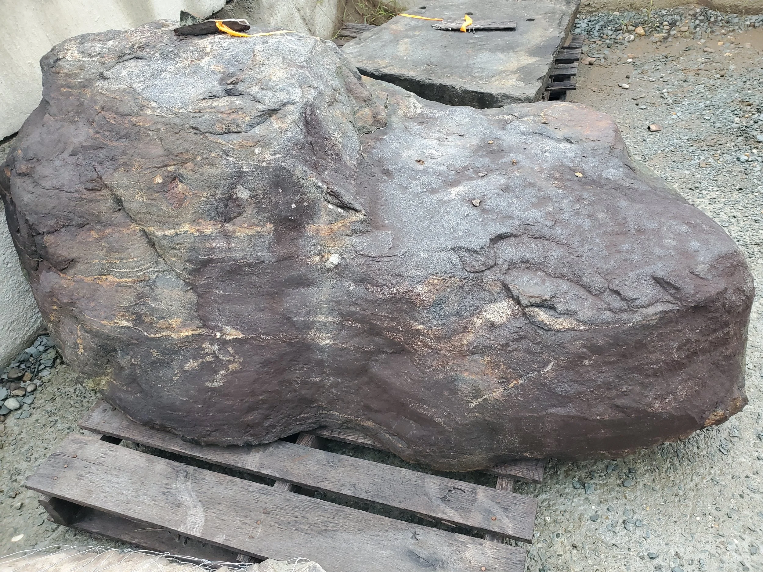 A large, rounded boulder with tan and dark brown hues, resting on a wooden pallet outdoors.