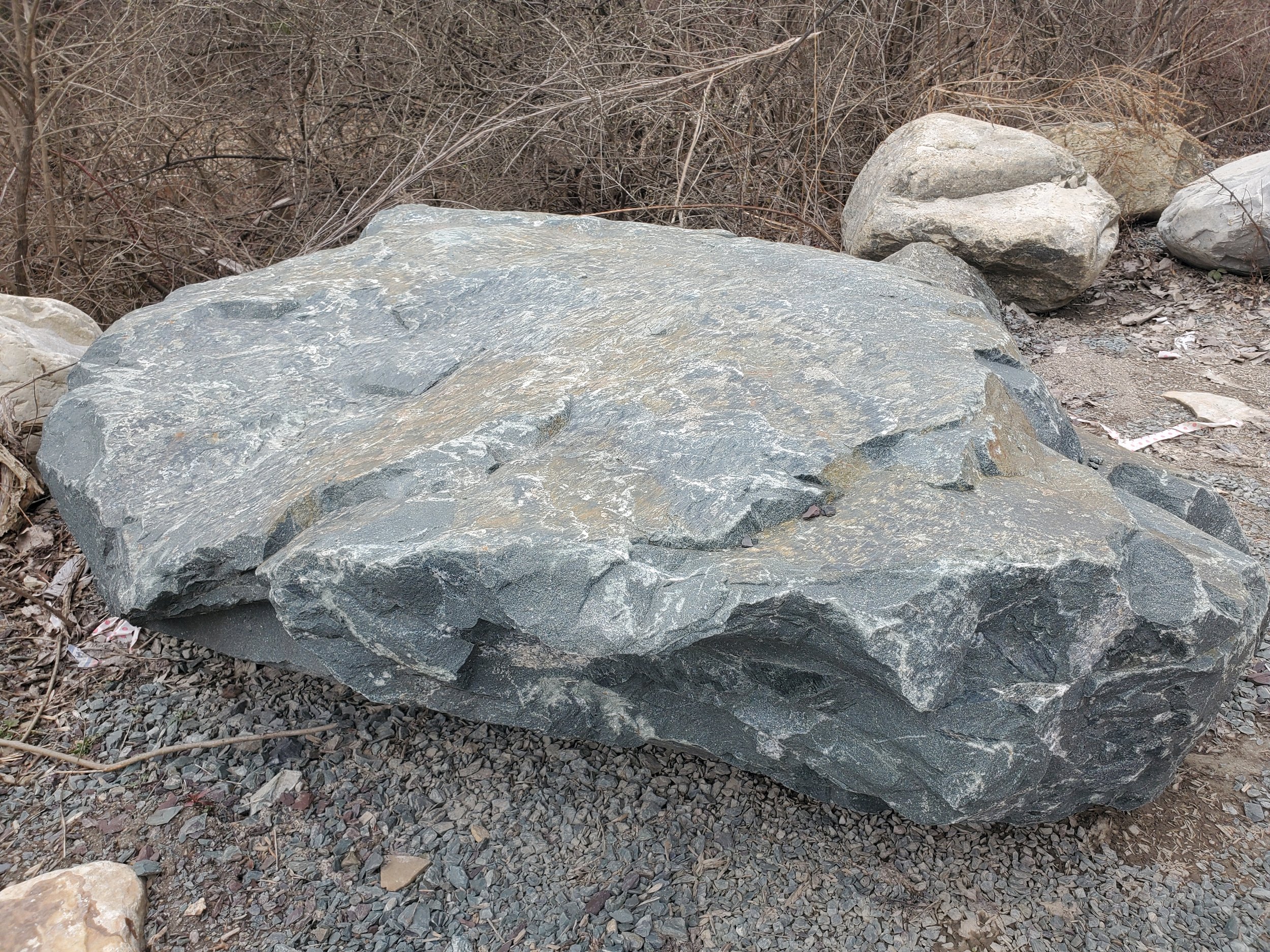 Large gray rock with a rough surface outdoors, surrounded by smaller rocks, dry soil, and sparse bushes.