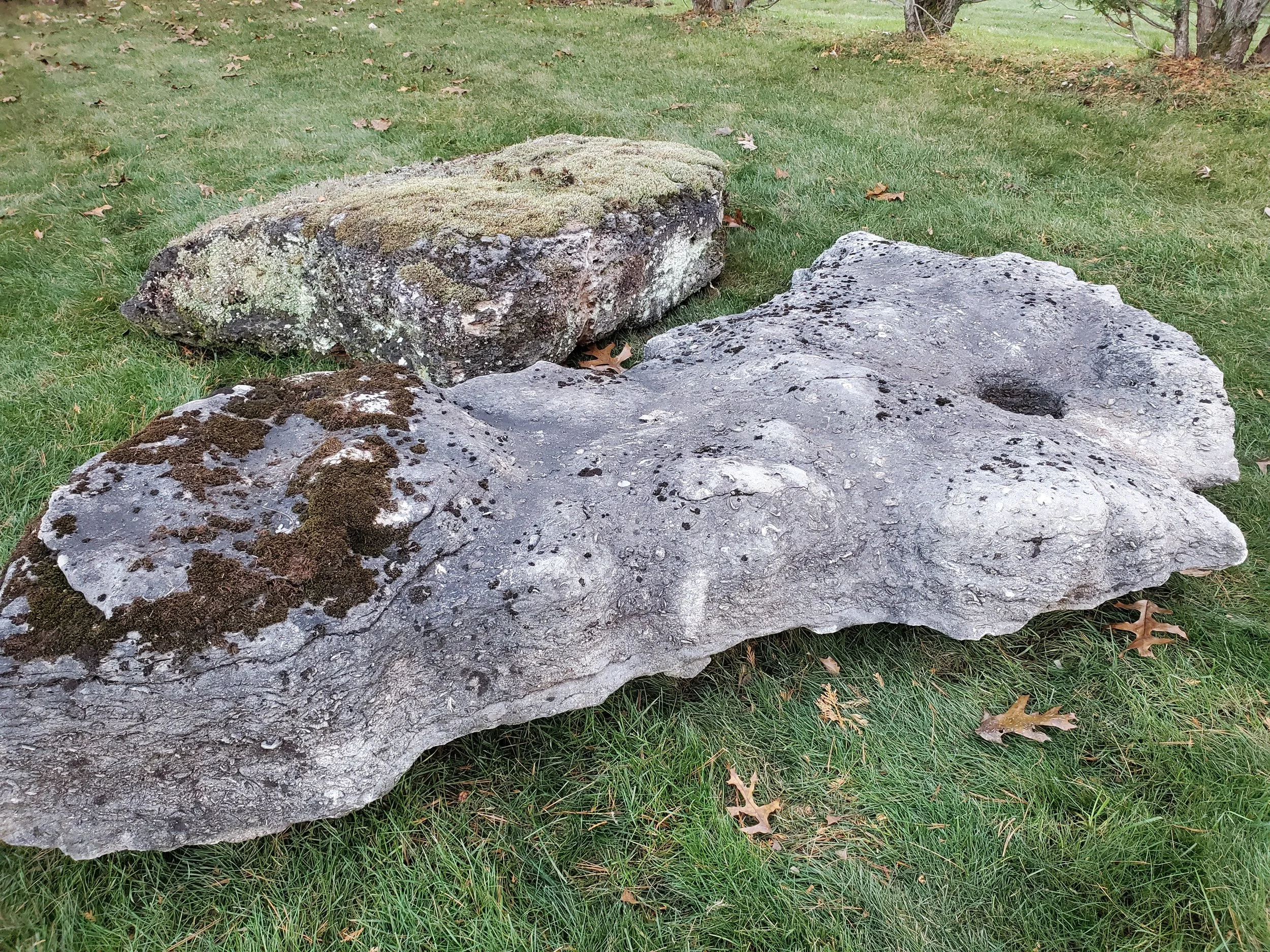 Three large rocks on a grassy lawn with fallen leaves and trees in the background.