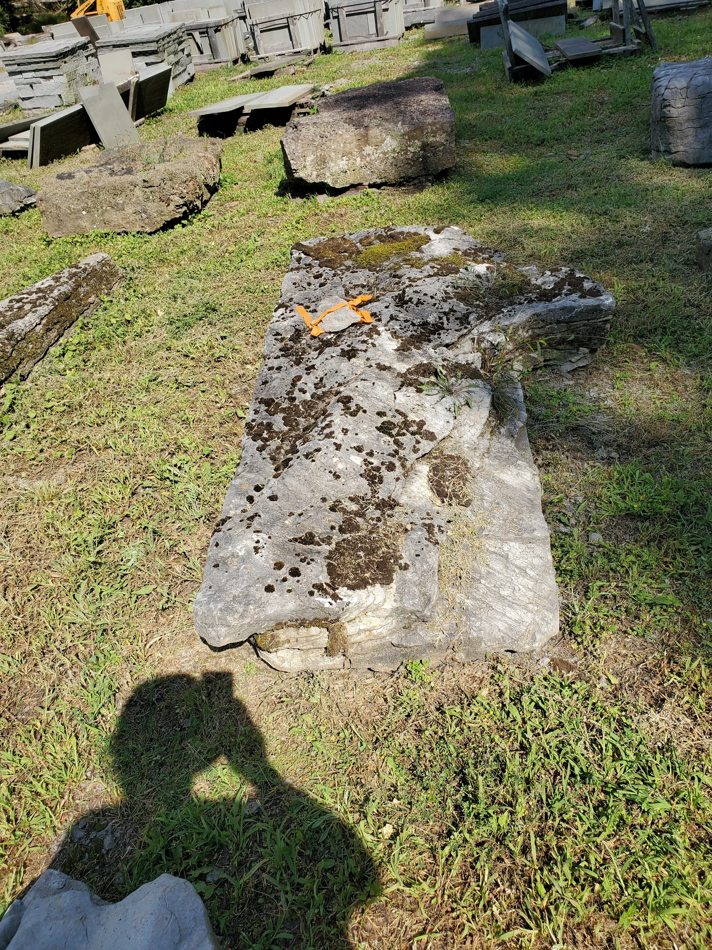 A large flat stone with patches of moss and grass growing on it, situated outdoors on grass with other stones and building materials in the background.