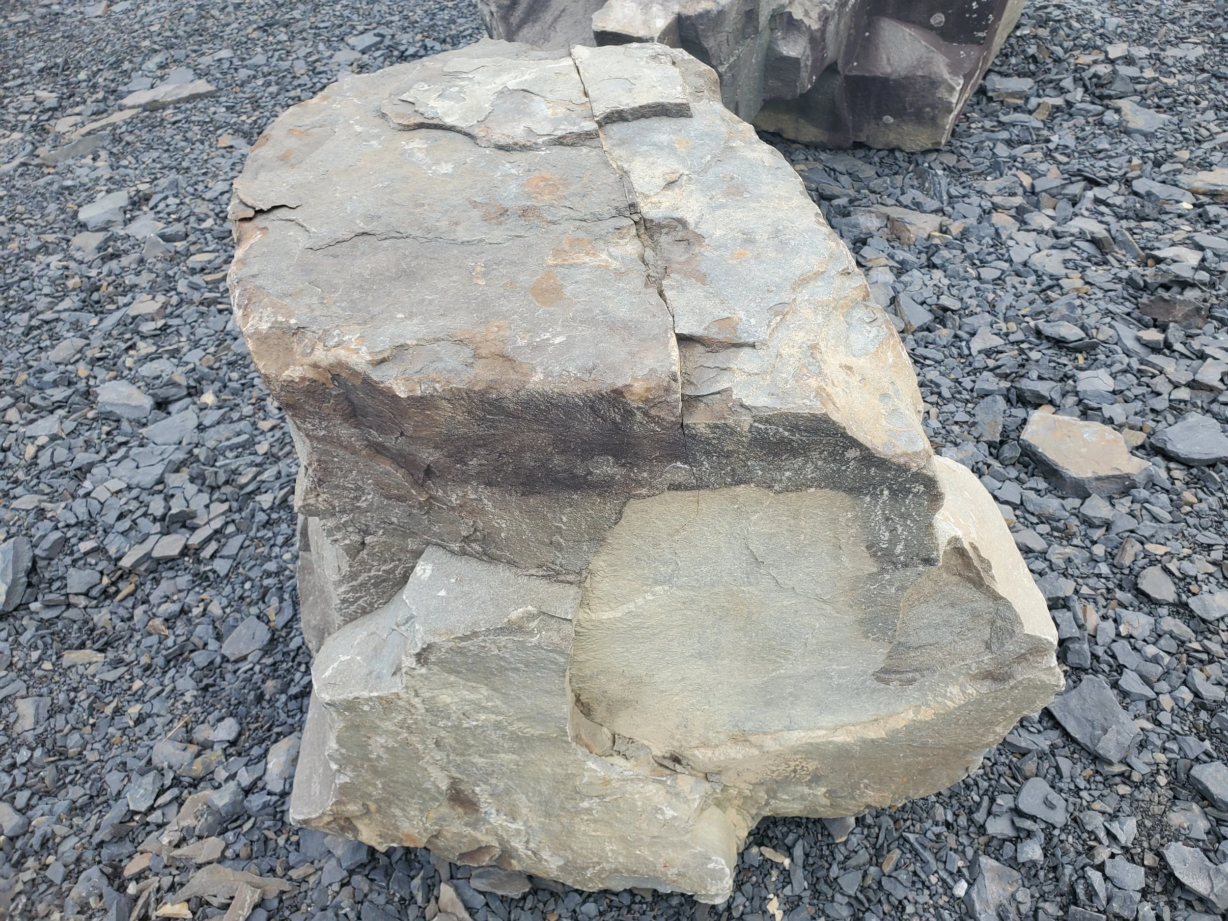 Large gray and brown rock sitting on smaller gray gravel surface with additional rocks in the background.