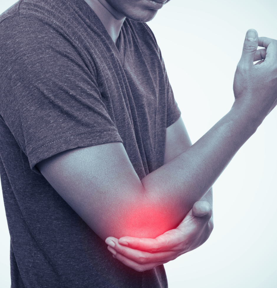 A person shows pain in their elbow, highlighted with a red glow, indicating discomfort or injury.